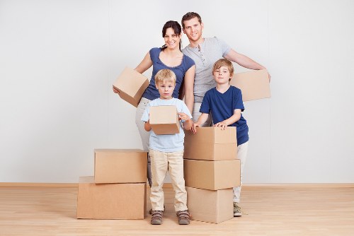 Packed office equipment prepared for relocation