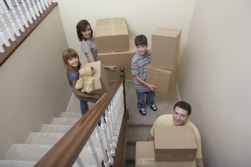 Office desks and boxes arranged for a commercial move