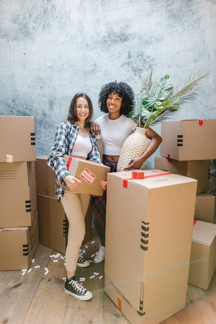 Two women smiling and standing inside a property surrounded by numerous cardboard boxes, some sealed with red packing tape and others open, ready for moving. One woman, with long brown hair, is holding a small box, while the other, with curly black hair, is carrying a decorative ceramic vase filled with large green palm leaves. The boxes are stacked in various positions, with some on the wooden floor and others placed on a nearby surface, indicating a packing and loading process typical of home relocations. The background features a textured light grey wall, and the lighting is natural and evenly distributed, highlighting the details of the packing materials and the women's expressions. This scene depicts aspects of furniture transport and packing during a house move, aligning with services offered by Removal Van Ealing and supporting home removals, packing, and logistics in local moves such as those described in the Pitshanger Lane house removals tips page.