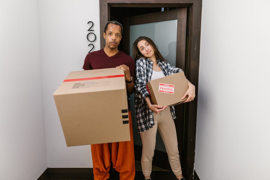 A man and woman are inside a bright, modern living room preparing for a house move, with natural light streaming through large arched windows in the background. The man, wearing a maroon t-shirt and orange trousers, holds a small cardboard box marked with a red 'Fragile' label in one hand and a large decorative vase with green monstera leaves in the other. The woman, dressed in a white top and blue jeans, carries a sizable cardboard box, possibly containing household items or packing supplies. They are seated on a dark green sofa, surrounded by other packing materials and furniture, indicating the process of home relocation. Visible in the surroundings are wooden flooring, a potted plant, and the window behind them, suggesting a typical interior setup during furniture transport or packing and moving preparations. This image reflects aspects of professional removals and house relocation services that Removal Van Ealing offers, involving packing, handling, and loading of belongings for a local move on Pitshanger Lane.